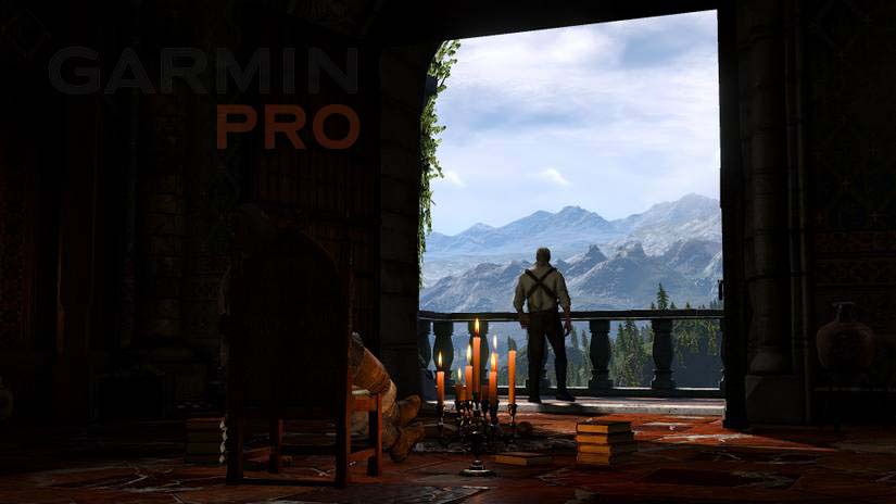 Геральт смотрит на горы Каэр Морхена — кадр из игры The Witcher 3