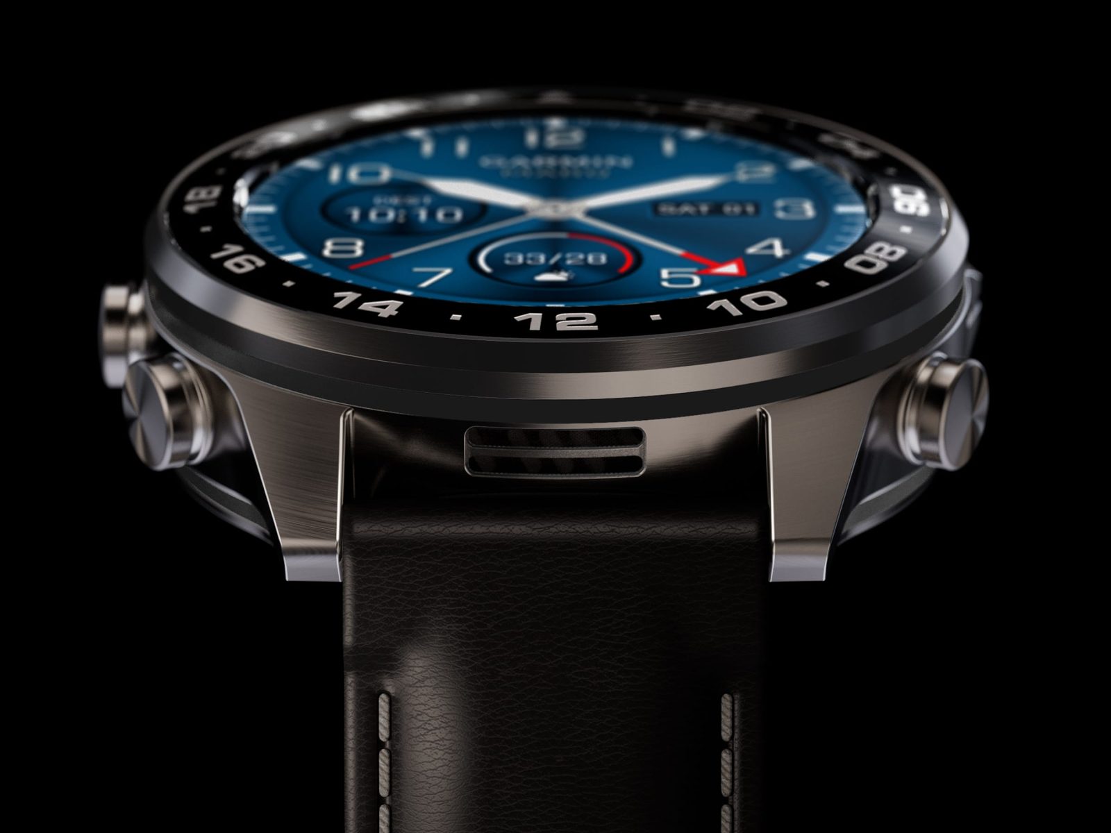Garmin MARQ Gen 3 с синим циферблатом и чёрным безелем на кожаном ремешке крупным планом