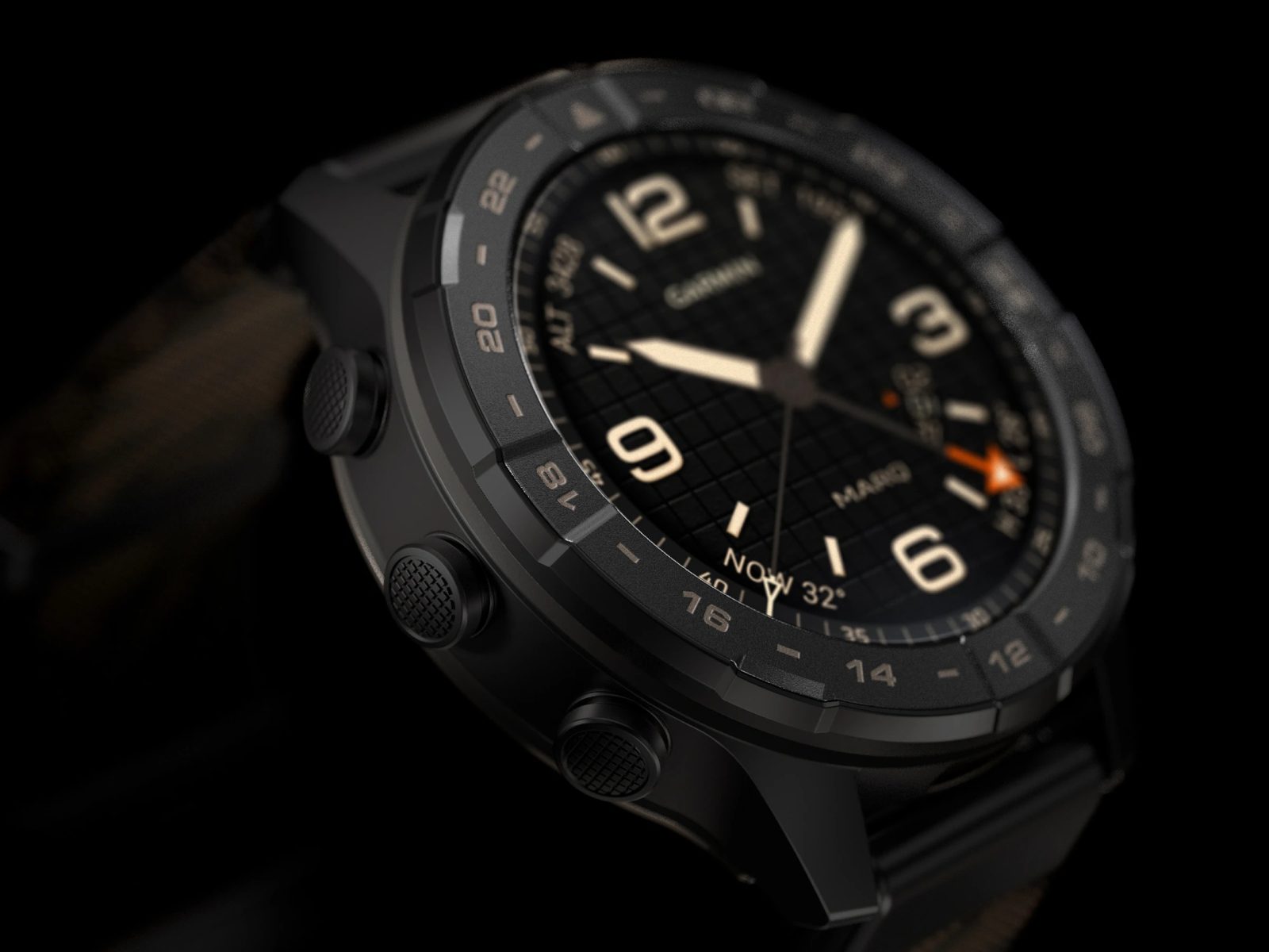Крупный план Garmin MARQ Gen 3 с чёрным керамическим безелем и титановым корпусом